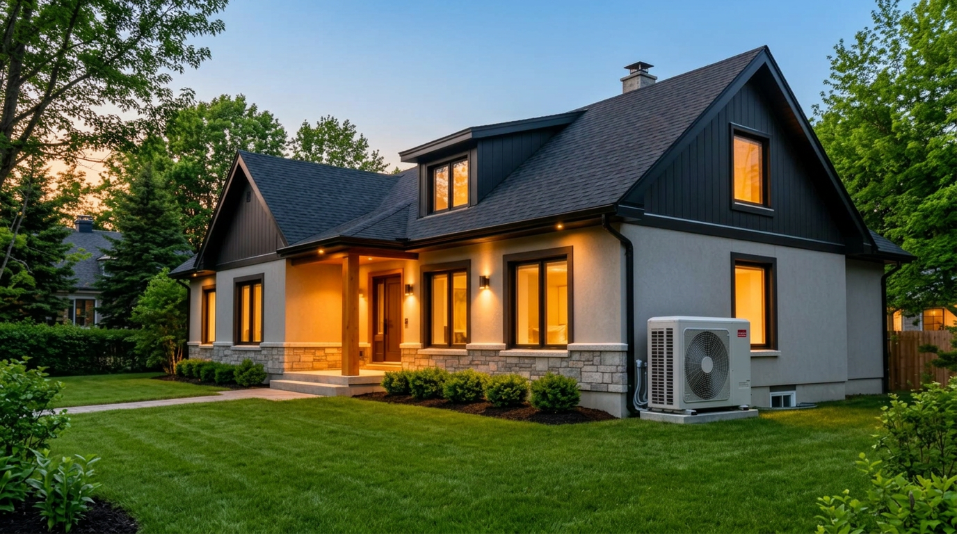 Maison résidentielle québécoise en été avec unité extérieure de thermopompe